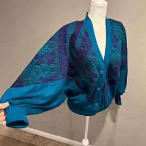 Vintage Big Jaguar Sweater Bat Wing arms Button Down Cardigan Green Purple Women